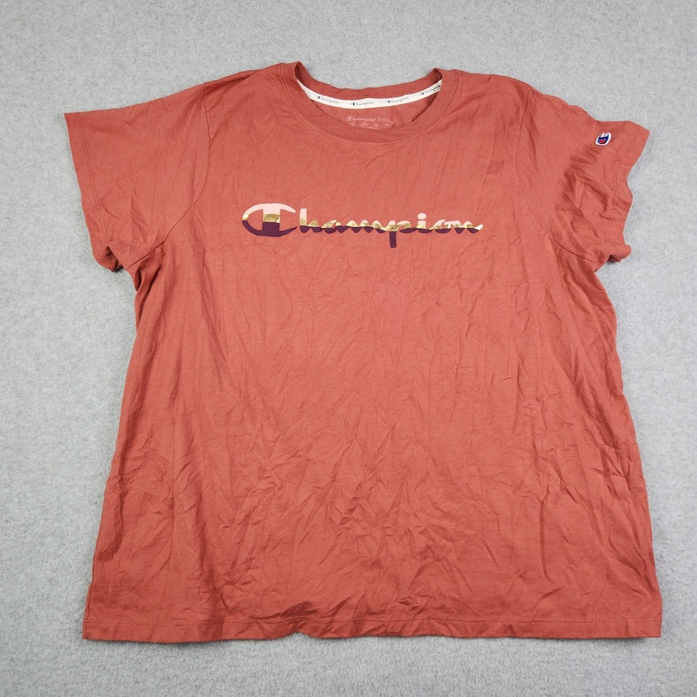 Champion Shirt Women 2X Orange Graphic Logo Short Sleeve Athletic Spell Out Logo